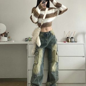 Y2K Style Women's Blue Jeans Cargo Pants - Streetwear High Waist American Wide Leg Fashion Trousers