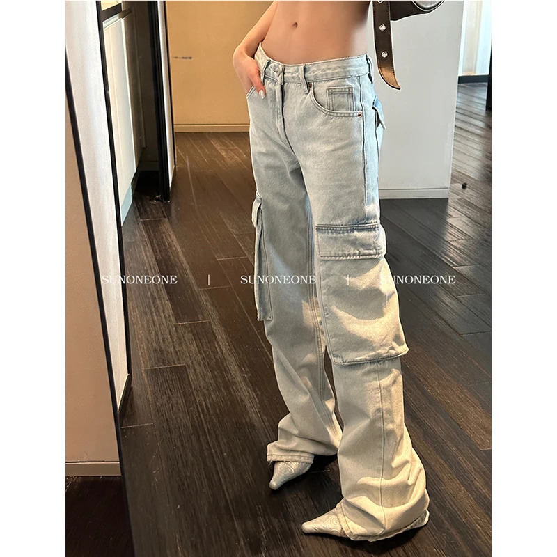 Y2K Style Women's Blue Jeans: High Waist Streetwear Wide Leg Pants