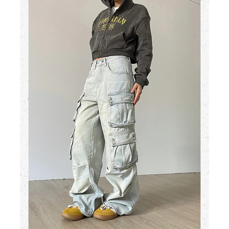 Y2K Style Women's Blue Jeans: Hip Hop Streetwear High Waist Wide Leg Pants