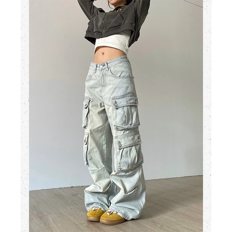 Y2K Style Women's Blue Jeans: Hip Hop Streetwear High Waist Wide Leg Pants