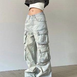 Y2K Style Women's Blue Jeans: Hip Hop Streetwear High Waist Wide Leg Pants