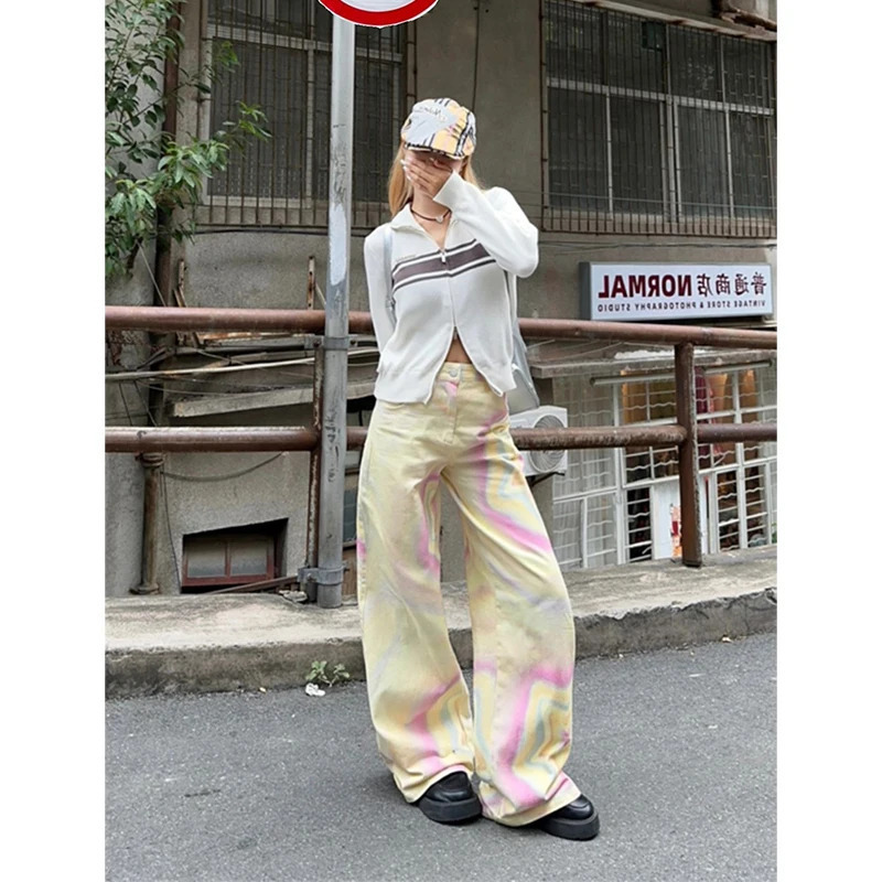 Y2K Style Yellow Jeans: High Waist American Wide Leg Pants for Women