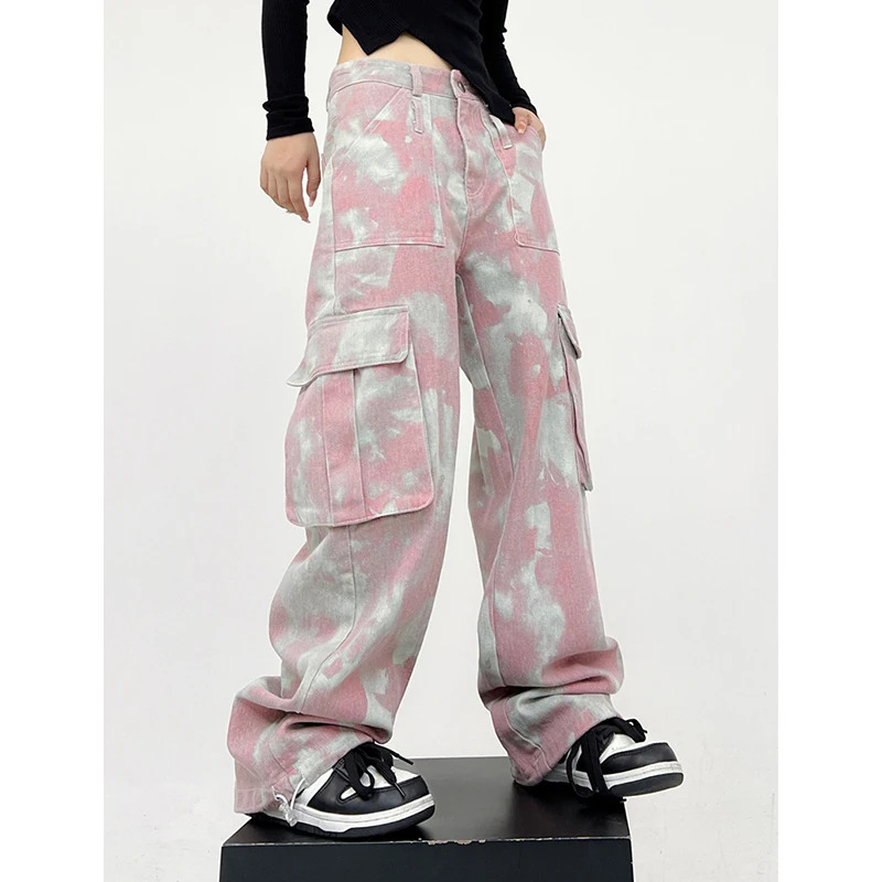 Y2K Summer Casual Tie Dye High Waist Wide Leg Pants - Women's Fashion Loose Pink Elastic Waist Full Length Trous