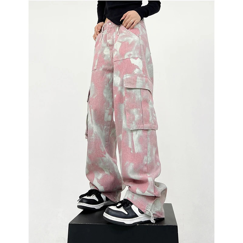 Y2K Summer Casual Tie Dye High Waist Wide Leg Pants - Women's Fashion Loose Pink Elastic Waist Full Length Trous