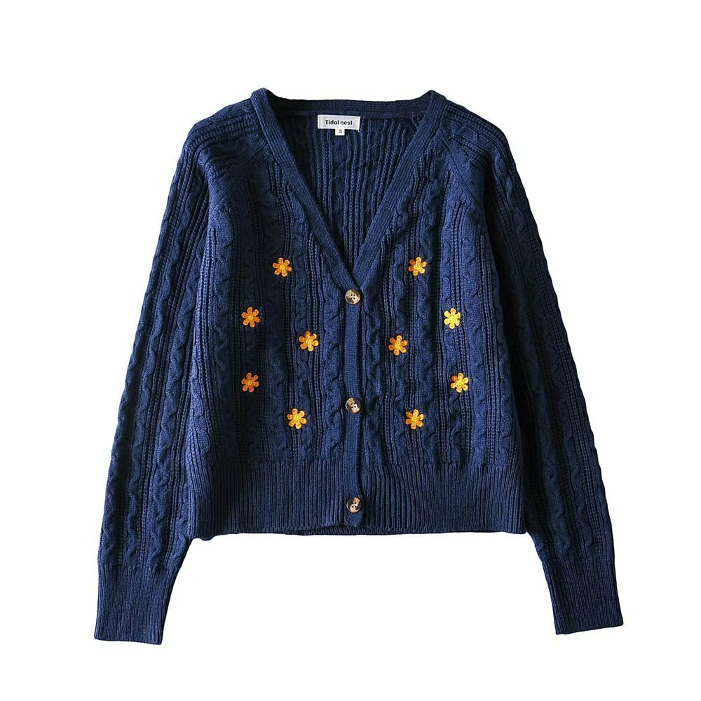 Y2K Summer Daisy Embroidery Knitted Cardigan - 90s Grunge Retro Style Y2K Outfit