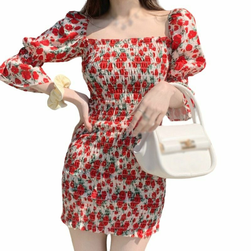 Y2K Summer Floral Dress - Square Collar, 90s Grunge, Retro Y2K Party Outfit