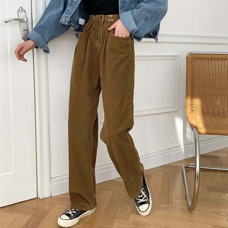 Y2K Summer Grunge Outfit: Retro 90s Fashion Cord Pants for Women - Pastel Goth Style