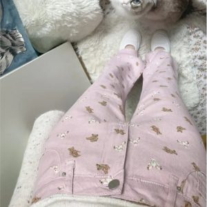 Y2K Summer Pink Bear Print Straight Jeans - 90s Grunge, Retro, Pastel Goth, Y2K