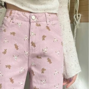 Y2K Summer Pink Bear Print Straight Jeans - 90s Grunge, Retro, Pastel Goth, Y2K