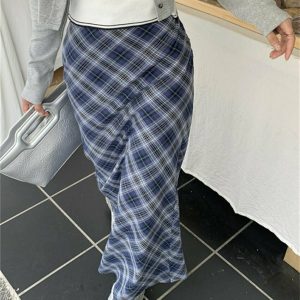 Y2K Summer Plaid Mermaid Long Skirt - 90s Grunge, Retro, Pastel Goth, Y2