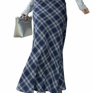 Y2K Summer Plaid Mermaid Long Skirt - 90s Grunge, Retro, Pastel Goth, Y2