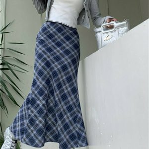 Y2K Summer Plaid Mermaid Long Skirt - 90s Grunge, Retro, Pastel Goth, Y2