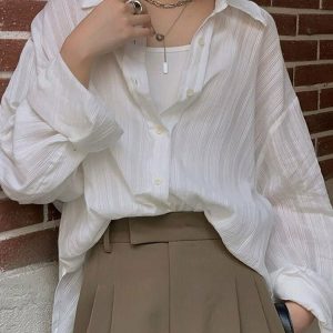 Y2K Summer Preppy Casual White Blouse - 90s Fashion, Grunge, Retro, Baby Tees,