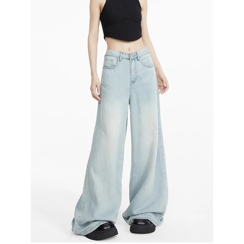 Y2K Summer Style Light Blue Tencel Jeans - Women's Thin Washed Drape Straight Pants