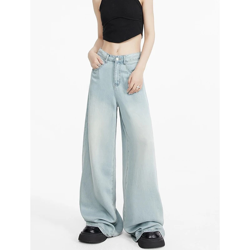 Y2K Summer Style Light Blue Tencel Jeans - Women's Thin Washed Drape Straight Pants