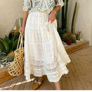 Y2K Summer White Floral Embroidery Long Skirt - 90s Retro Grunge Pastel Goth Outfit