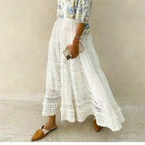 Y2K Summer White Floral Embroidery Long Skirt - 90s Retro Grunge Pastel Goth Outfit