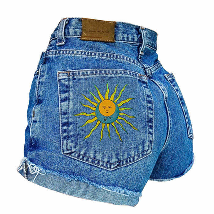 Y2K Sun and Moon Embroidered Shorts - 90s Grunge, Retro, Pastel Goth, Summer Out