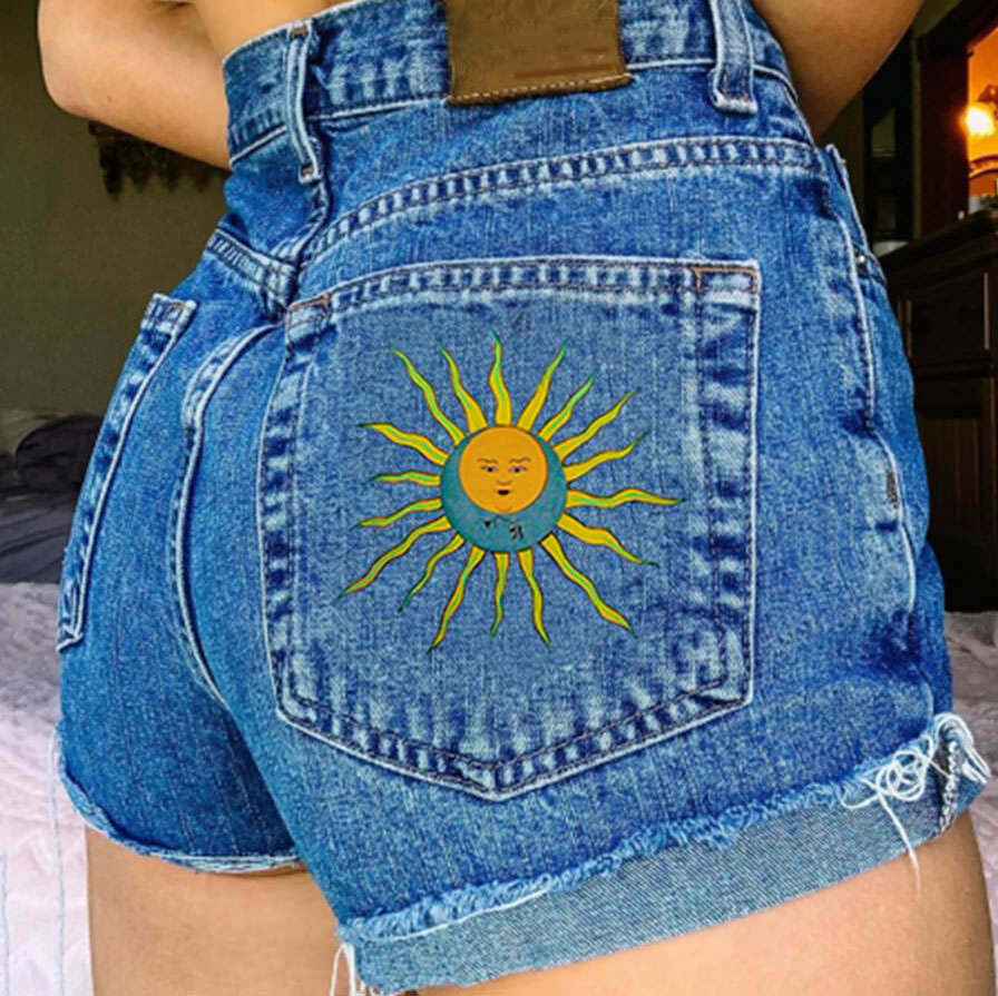 Y2K Sun and Moon Embroidered Shorts - 90s Grunge, Retro, Pastel Goth, Summer Out