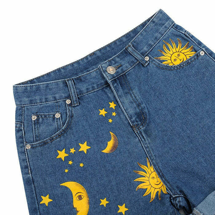 Y2K Sun and Moon Print Shorts - Retro 90s Grunge Summer Outfit, Perfect for Y2K Fashion