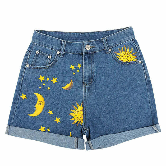 Y2K Sun and Moon Print Shorts - Retro 90s Grunge Summer Outfit, Perfect for Y2K Fashion