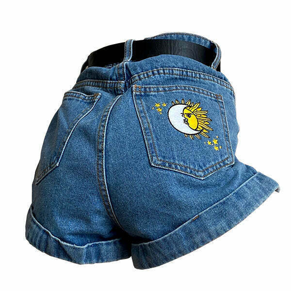 Y2K Sun & Moon Embroidered Shorts - 90s Grunge Summer Outfit, Retro Y2K Fashion