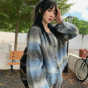 Y2K Tie Dye Tassel Crop Cardigan - Retro 90s Grunge Summer Outfit, Pastel Goth Style