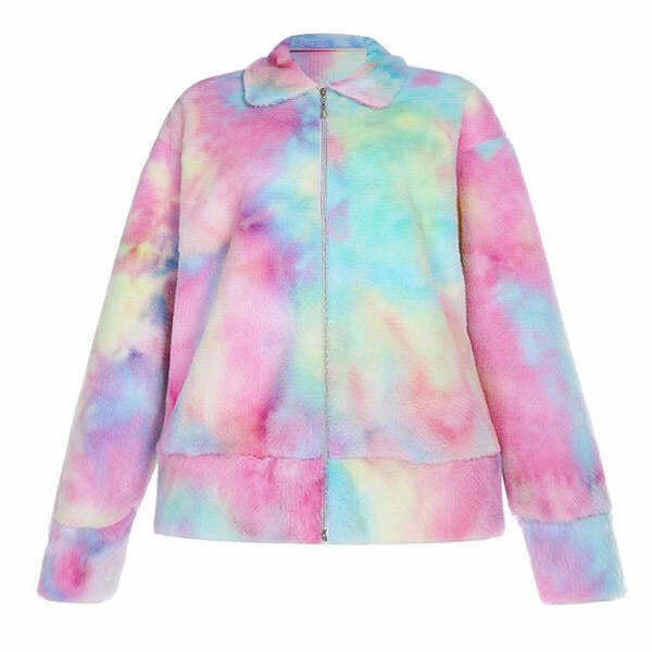 Y2K Tie Dye Teddy Jacket - Retro 90s Grunge, Summer Outfits, Pastel Goth, Hip Hop