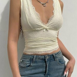 Y2K V Neck Lace Camis Top - 90s Grunge, Retro Summer, Pastel Goth, Y2