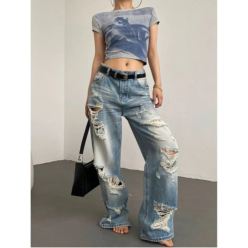 Y2K Vintage American Fashion Wide Leg Jeans - Low Waist Worn-out Denim Trouser