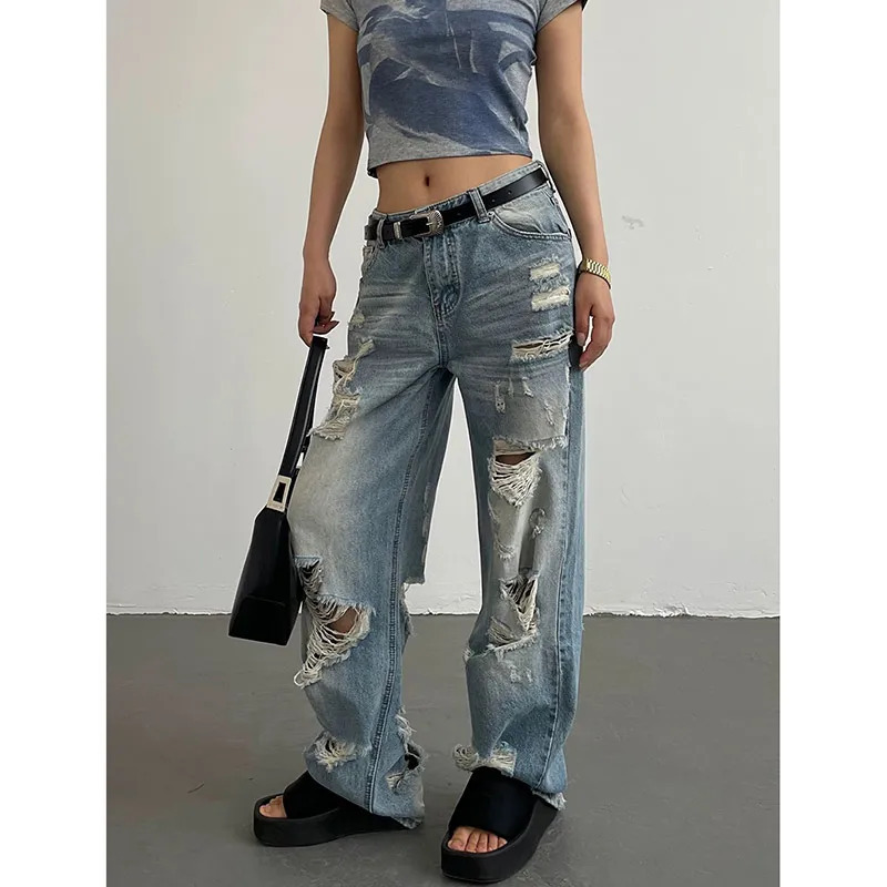 Y2K Vintage American Fashion Wide Leg Jeans - Low Waist Worn-out Denim Trouser