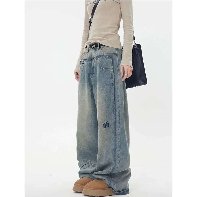 Y2K Vintage American Wide Leg Jeans - Hollow Out Design, Blue Denim Trouser