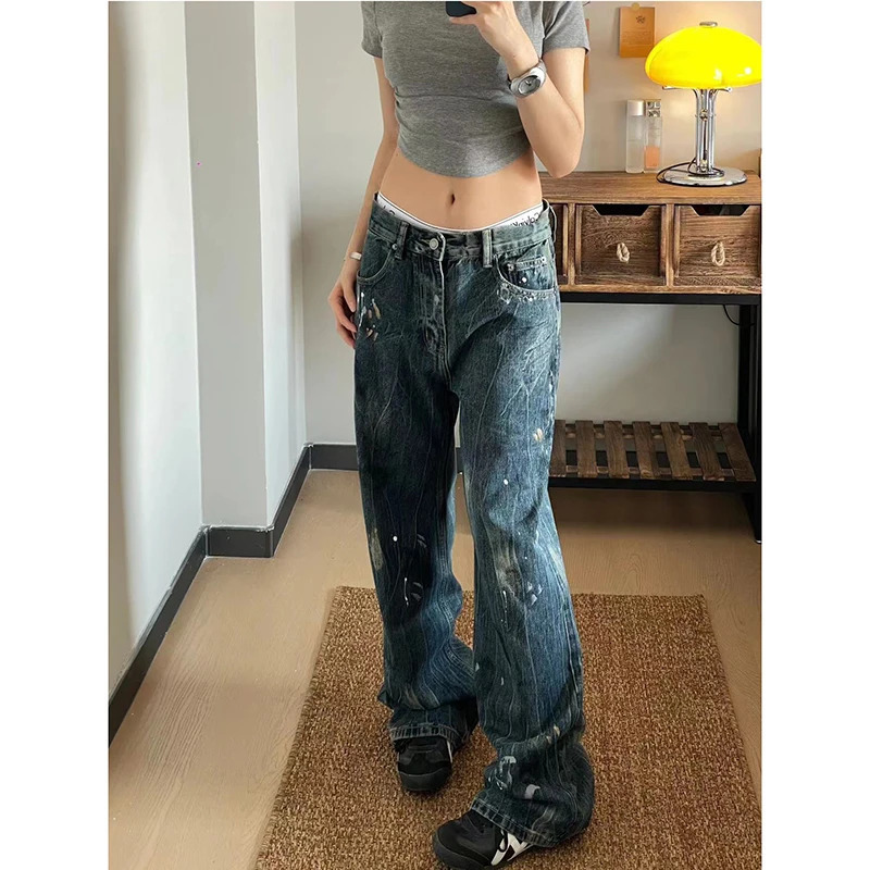 Y2K Vintage Appliques High Waist Blue Denim Pants - Street Style Wide Leg Baggy Jeans