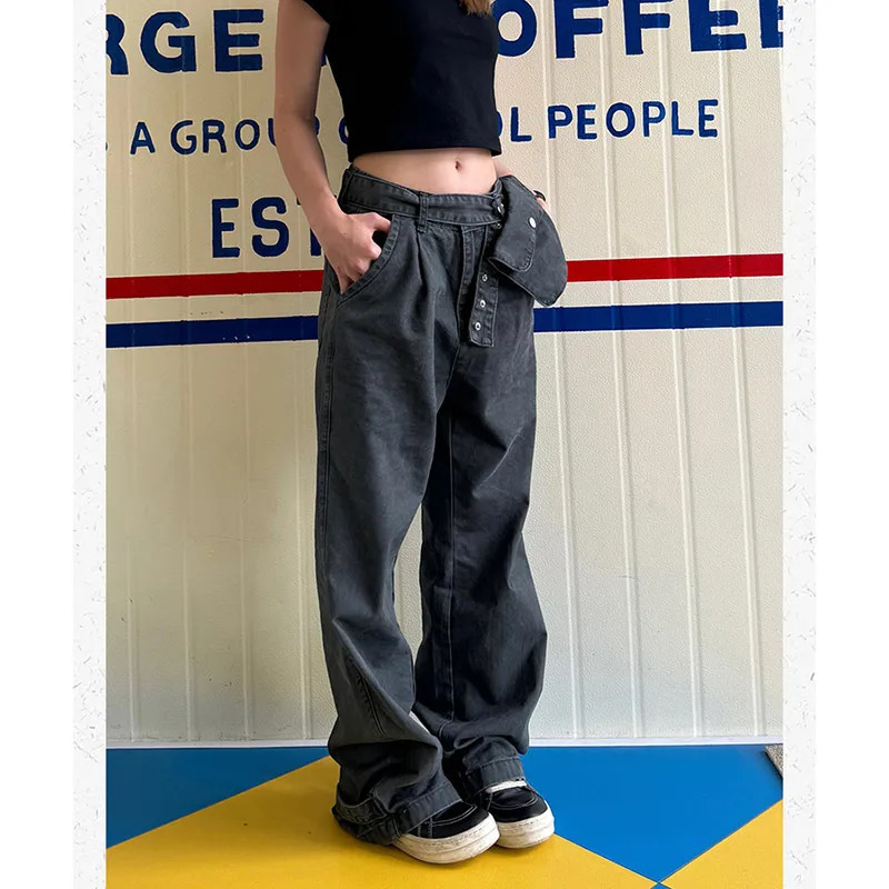 Y2K Vintage Black Cargo Jeans - High Waist Wide Leg Denim Trousers for Women - Harajuku 90