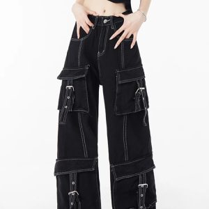 Y2K Vintage Black Cargo Pants - High Waisted Straight Leg Oversized Style for Women