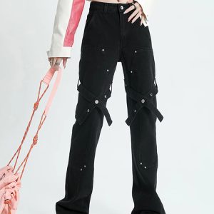 Y2K Vintage Black Flare Jeans with High Waist Lacing - Retro Grunge Style Women's Denim Trouser