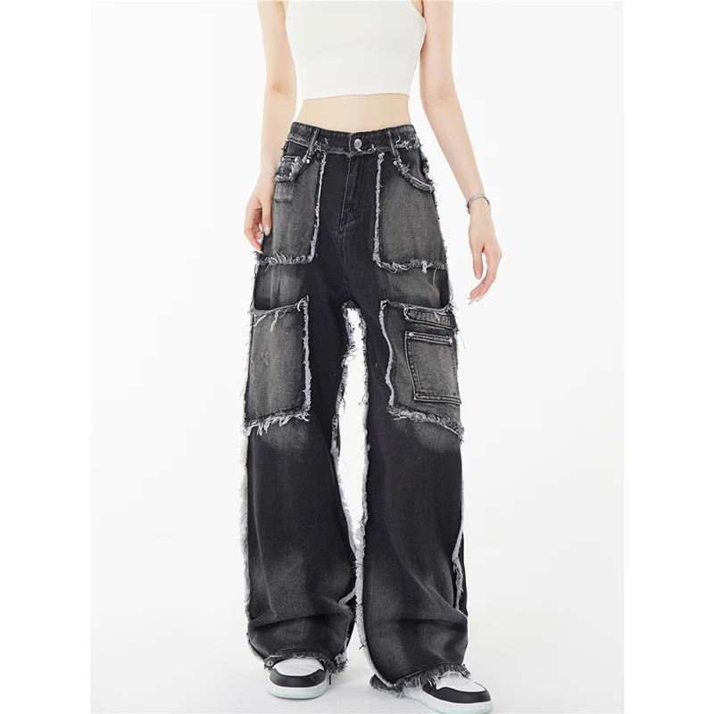 Y2K Vintage Black High Waist Wide Leg Jeans - American Streetwear Fashion