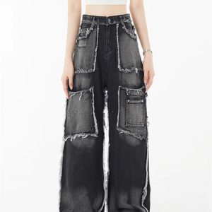 Y2K Vintage Black High Waist Wide Leg Jeans - American Streetwear Fashion