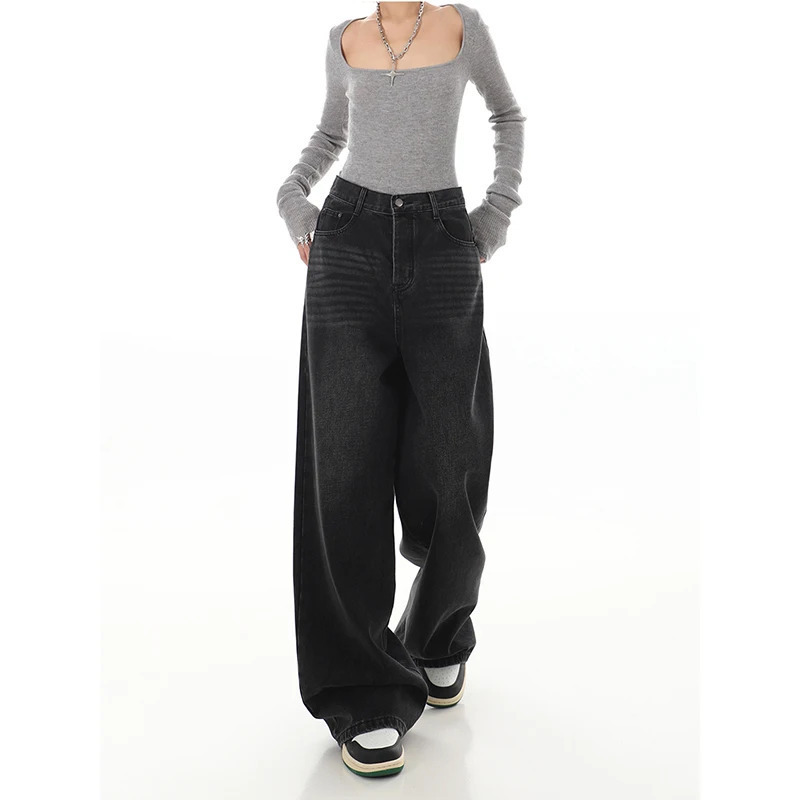 Y2K Vintage Black High Waist Wide Leg Jeans - Streetwear Denim Trouser