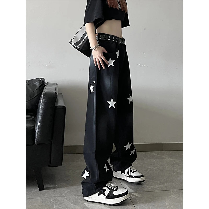 Y2K Vintage Black Jeans with Letter Print - American Style Wide Leg Pants