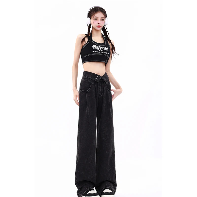 Y2K Vintage Black Jeans with Wide Leg and Patchwork Belt - Casual High Waist Denim Trouser for Women