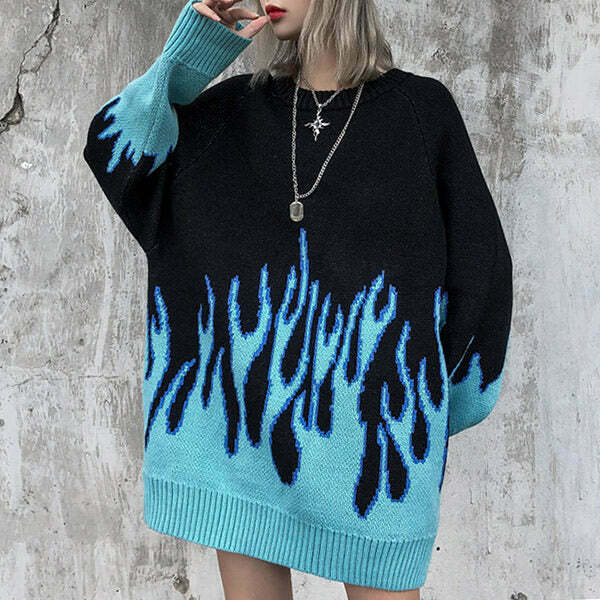 Y2K Vintage Blue Flame Sweater - 90s Grunge, Retro Style, Y2K Summer & Party Out