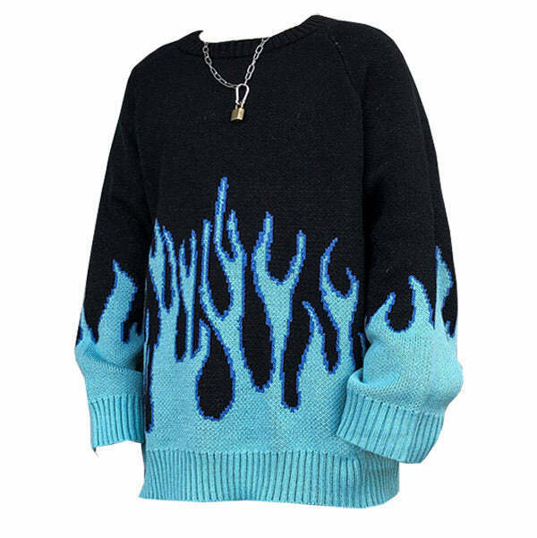 Y2K Vintage Blue Flame Sweater - 90s Grunge, Retro Style, Y2K Summer & Party Out