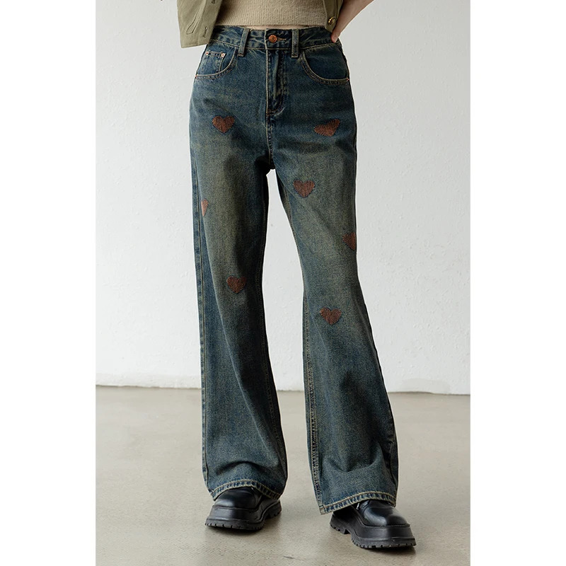 Y2K Vintage Blue High Waist Embroidered Jeans - American Streetwear Fashion