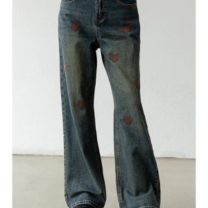 Y2K Vintage Blue High Waist Embroidered Jeans - American Streetwear Fashion