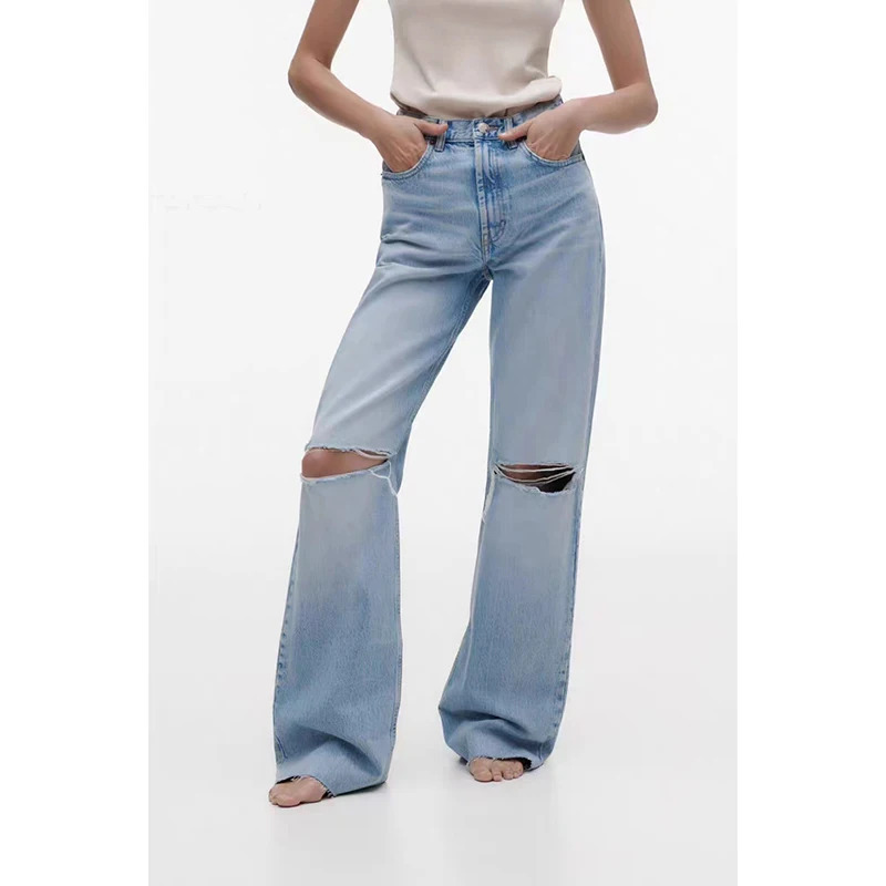 Y2K Vintage Blue High Waist Frayed Jeans - Streetwear Denim Pants