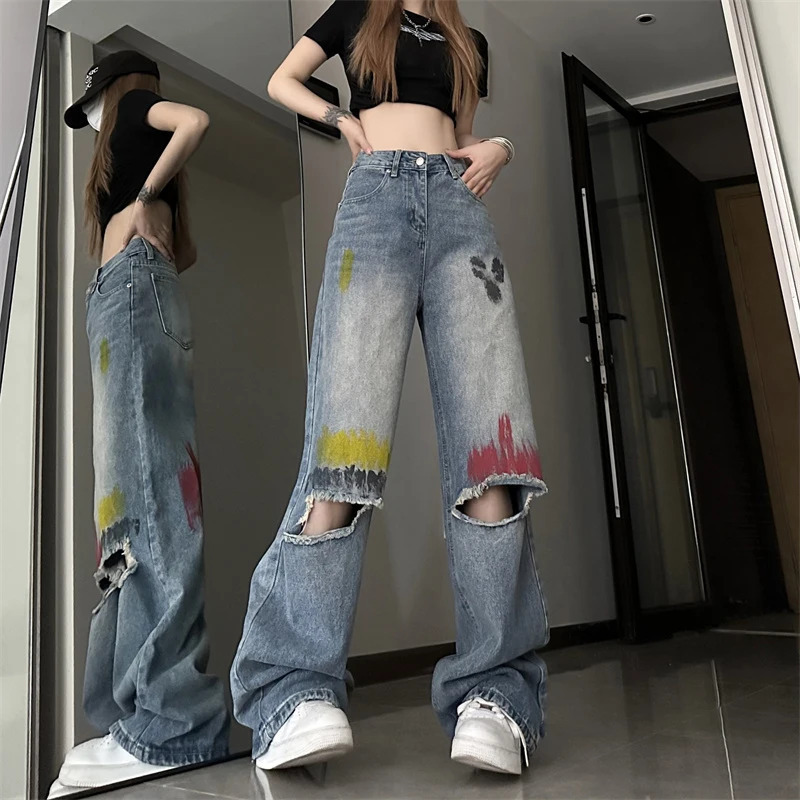 Y2K Vintage Blue High Waist Graffiti Jeans - American Streetwear Fashion