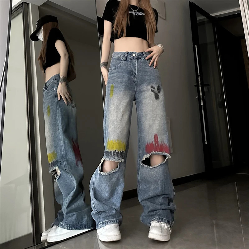 Y2K Vintage Blue High Waist Graffiti Jeans - American Streetwear Fashion