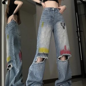 Y2K Vintage Blue High Waist Graffiti Jeans - American Streetwear Fashion