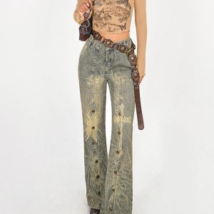 Y2K Vintage Blue High Waist Graffiti Jeans - American Streetwear Fashion